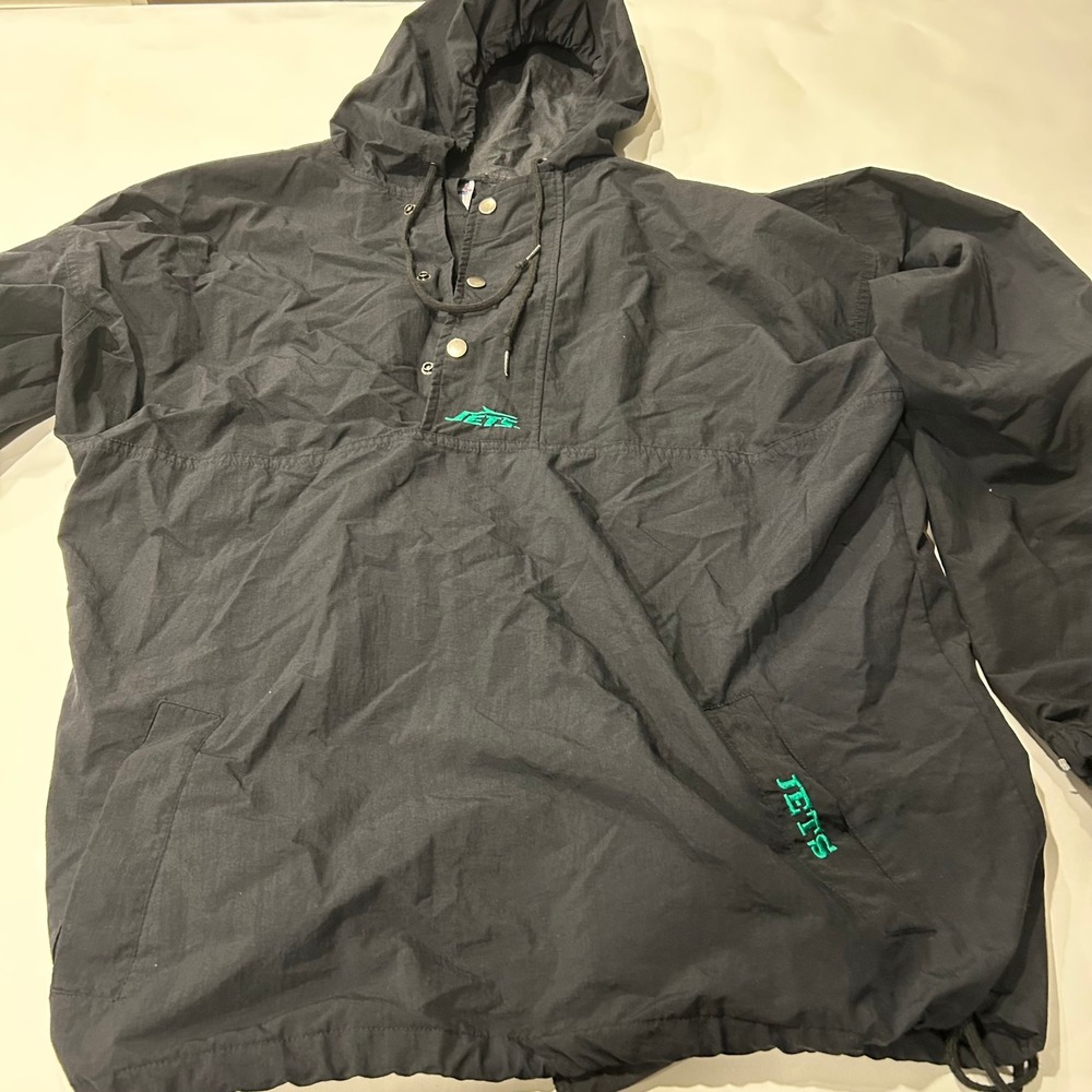 The Game Vintage Jets Pullover Windbreaker NFL Football Jacket Hooded Black XL‎